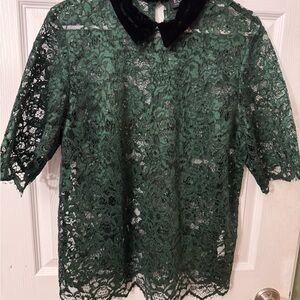 Eloquii Green Lace Blouse with Black Velvet Collar